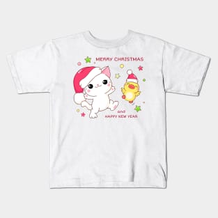 Funny Christmas Gifts friends kitten and duck In santa hats Kids T-Shirt